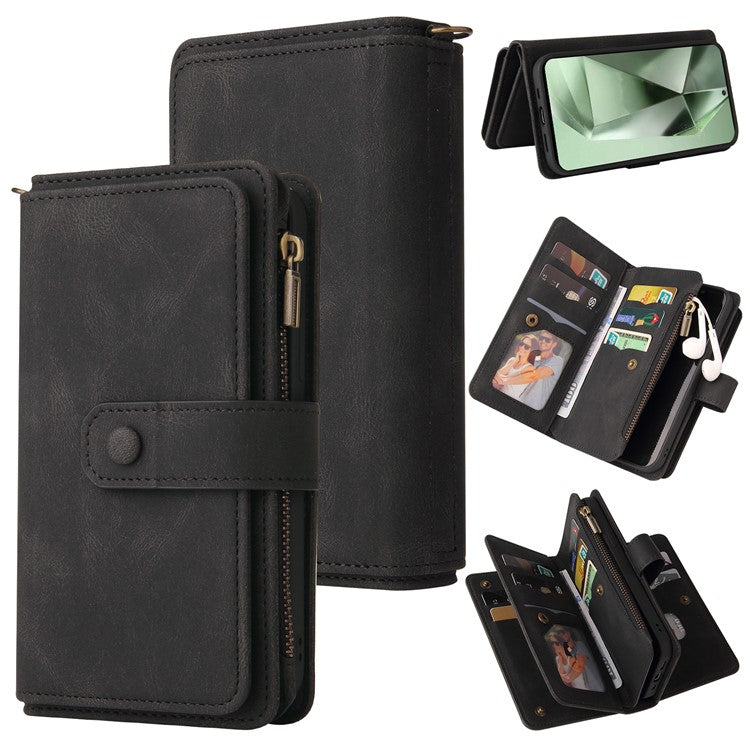 KT Multi-Functional Series-2 For Samsung Galaxy S24 FE Case Zipper Pocket PU Leather Phone Cover - Black