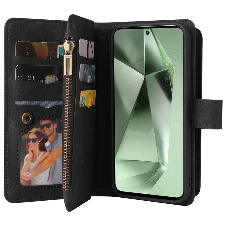 KT Multi-Functional Series-2 For Samsung Galaxy S24 FE Case Zipper Pocket PU Leather Phone Cover - Black