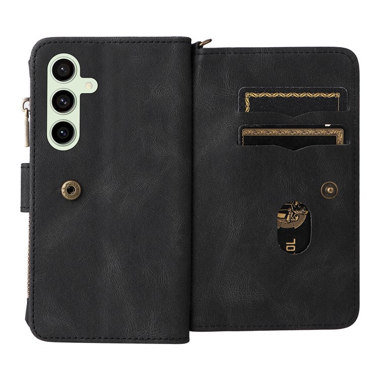 KT Multi-Functional Series-2 For Samsung Galaxy S24 FE Case Zipper Pocket PU Leather Phone Cover - Black