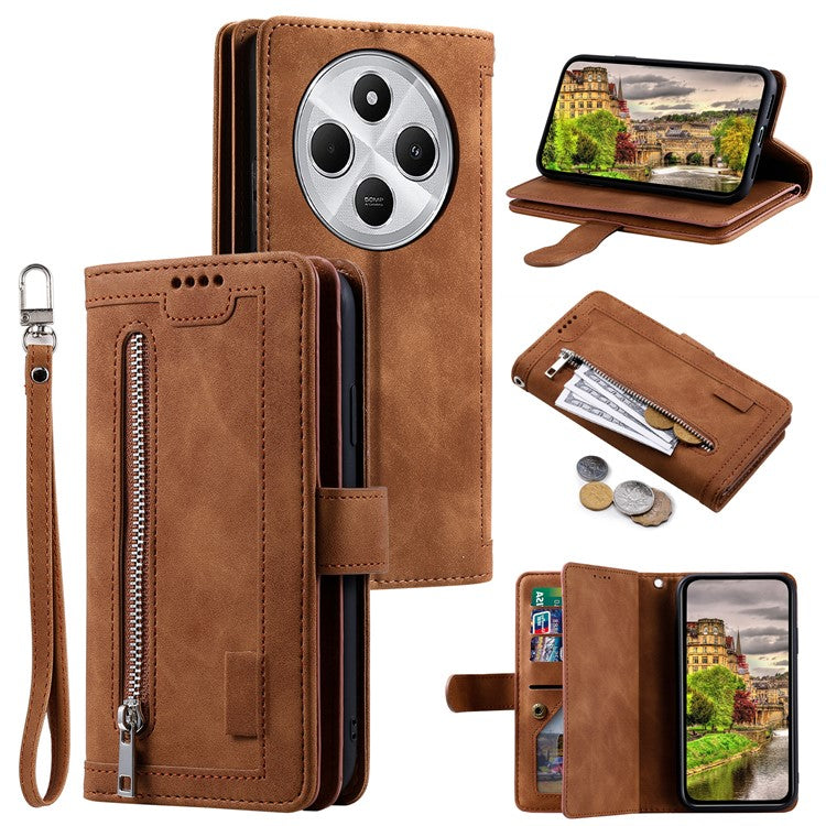 For Xiaomi Poco C75 4G / Redmi 14R 5G / 14C 4G Case Zipper Pocket PU Leather Phone Cover with 9 Card Slots - Brown