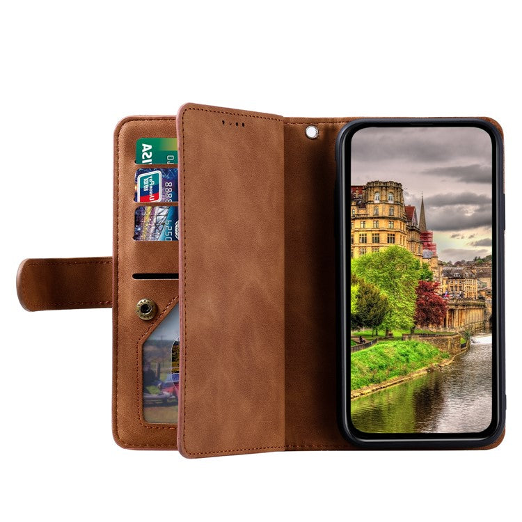 For Xiaomi Poco C75 4G / Redmi 14R 5G / 14C 4G Case Zipper Pocket PU Leather Phone Cover with 9 Card Slots - Brown