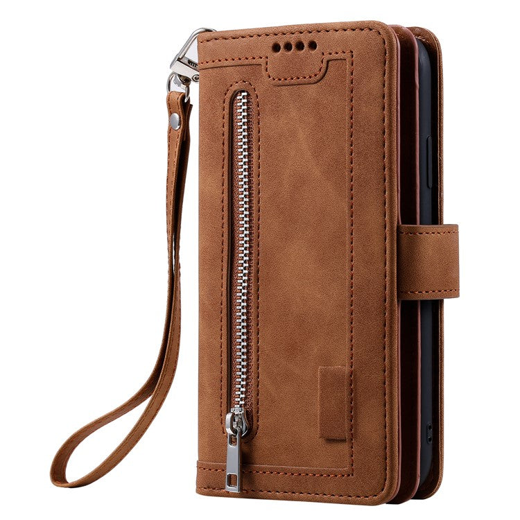 For Xiaomi Poco C75 4G / Redmi 14R 5G / 14C 4G Case Zipper Pocket PU Leather Phone Cover with 9 Card Slots - Brown