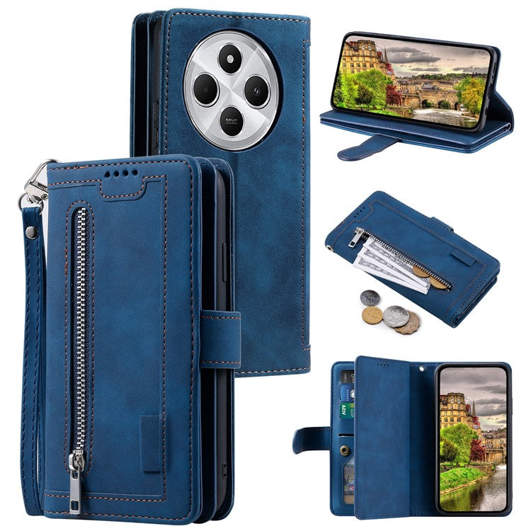 For Xiaomi Poco C75 4G / Redmi 14R 5G / 14C 4G Case Zipper Pocket PU Leather Phone Cover with 9 Card Slots - Blue