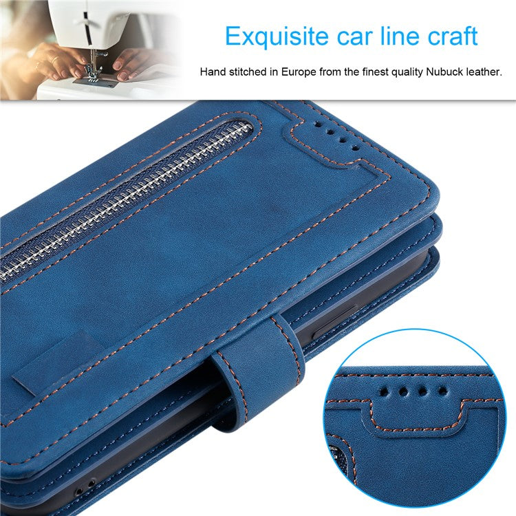 For Xiaomi Poco C75 4G / Redmi 14R 5G / 14C 4G Case Zipper Pocket PU Leather Phone Cover with 9 Card Slots - Blue