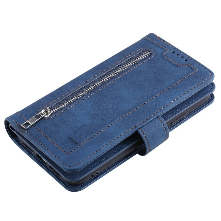 For Xiaomi Poco C75 4G / Redmi 14R 5G / 14C 4G Case Zipper Pocket PU Leather Phone Cover with 9 Card Slots - Blue