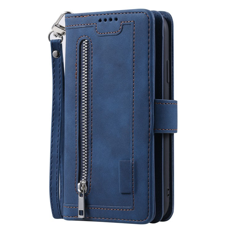 For Xiaomi Poco C75 4G / Redmi 14R 5G / 14C 4G Case Zipper Pocket PU Leather Phone Cover with 9 Card Slots - Blue