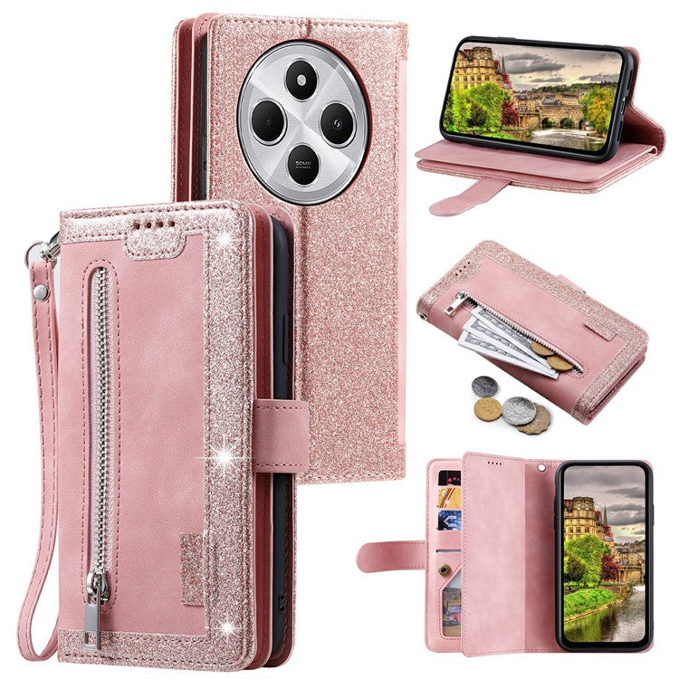 For Xiaomi Poco C75 4G / Redmi 14R 5G / 14C 4G Case Zipper Pocket PU Leather Phone Cover with 9 Card Slots - Rose Gold