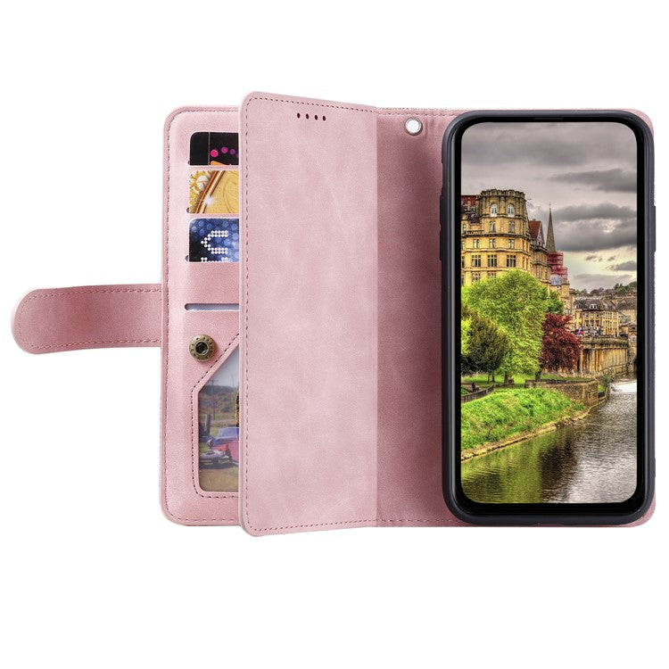 For Xiaomi Poco C75 4G / Redmi 14R 5G / 14C 4G Case Zipper Pocket PU Leather Phone Cover with 9 Card Slots - Rose Gold