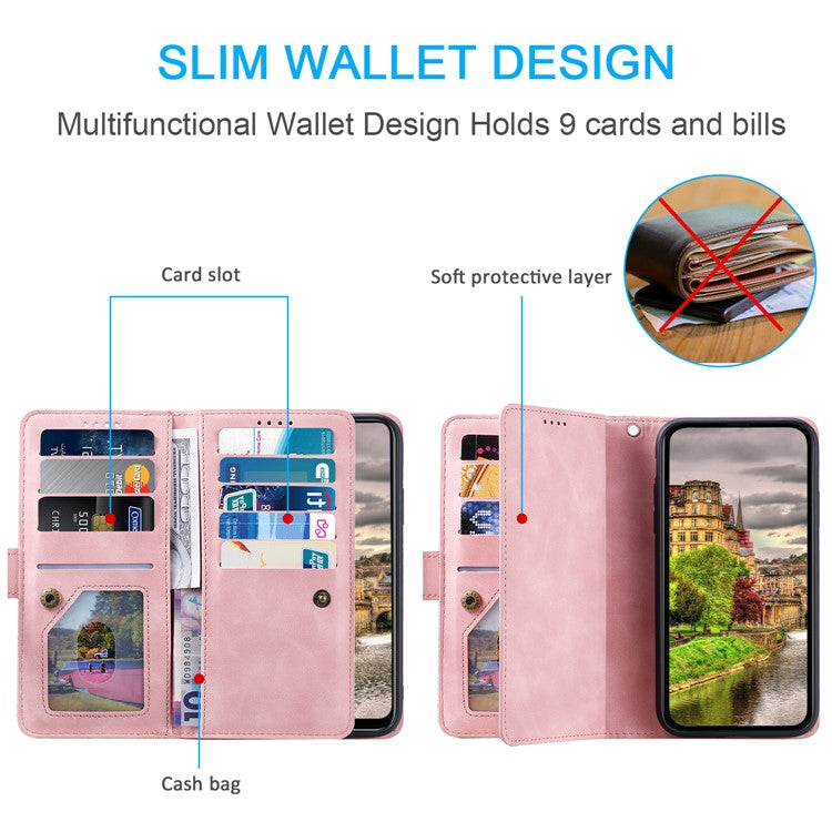 For Xiaomi Poco C75 4G / Redmi 14R 5G / 14C 4G Case Zipper Pocket PU Leather Phone Cover with 9 Card Slots - Rose Gold