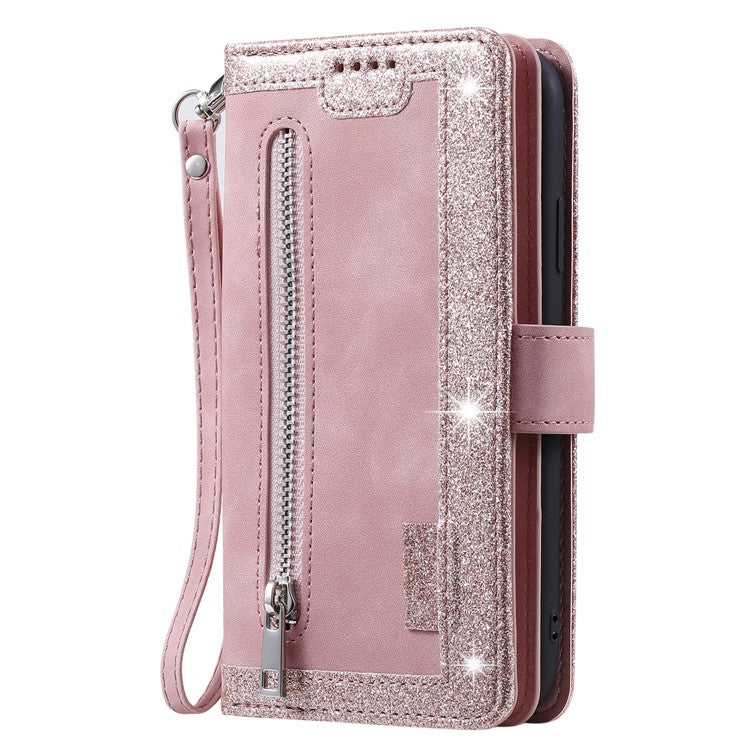 For Xiaomi Poco C75 4G / Redmi 14R 5G / 14C 4G Case Zipper Pocket PU Leather Phone Cover with 9 Card Slots - Rose Gold