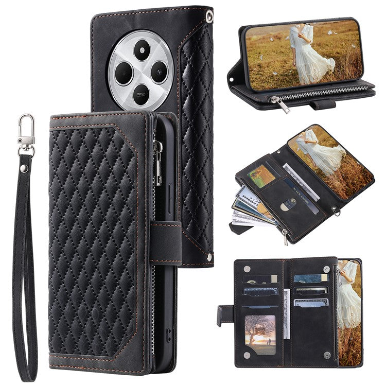 Style 005 For Xiaomi Poco C75 4G / Redmi 14R 5G / 14C 4G Zipper Wallet Case Rhombus Stitching Line PU Leather Phone Cover - Black