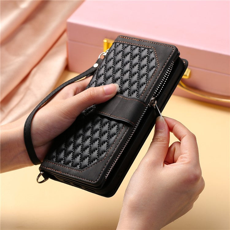 Style 005 For Xiaomi Poco C75 4G / Redmi 14R 5G / 14C 4G Zipper Wallet Case Rhombus Stitching Line PU Leather Phone Cover - Black