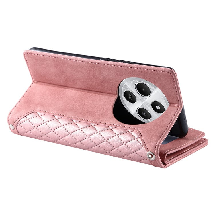 Style 005 For Xiaomi Poco C75 4G / Redmi 14R 5G / 14C 4G Zipper Wallet Case Rhombus Stitching Line PU Leather Phone Cover - Rose Gold