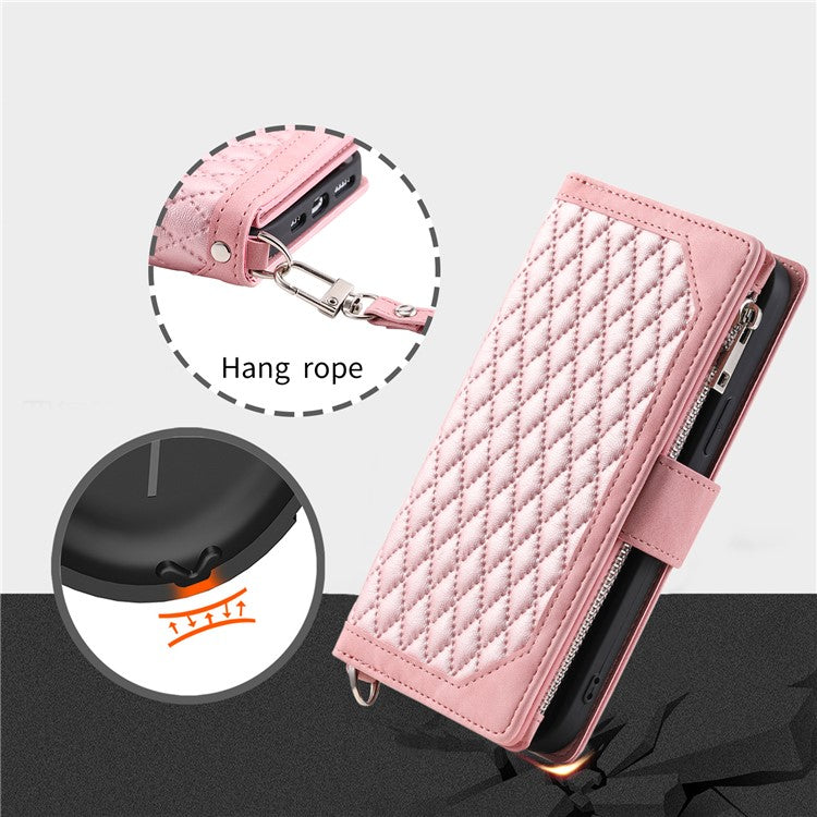 Style 005 For Xiaomi Poco C75 4G / Redmi 14R 5G / 14C 4G Zipper Wallet Case Rhombus Stitching Line PU Leather Phone Cover - Rose Gold