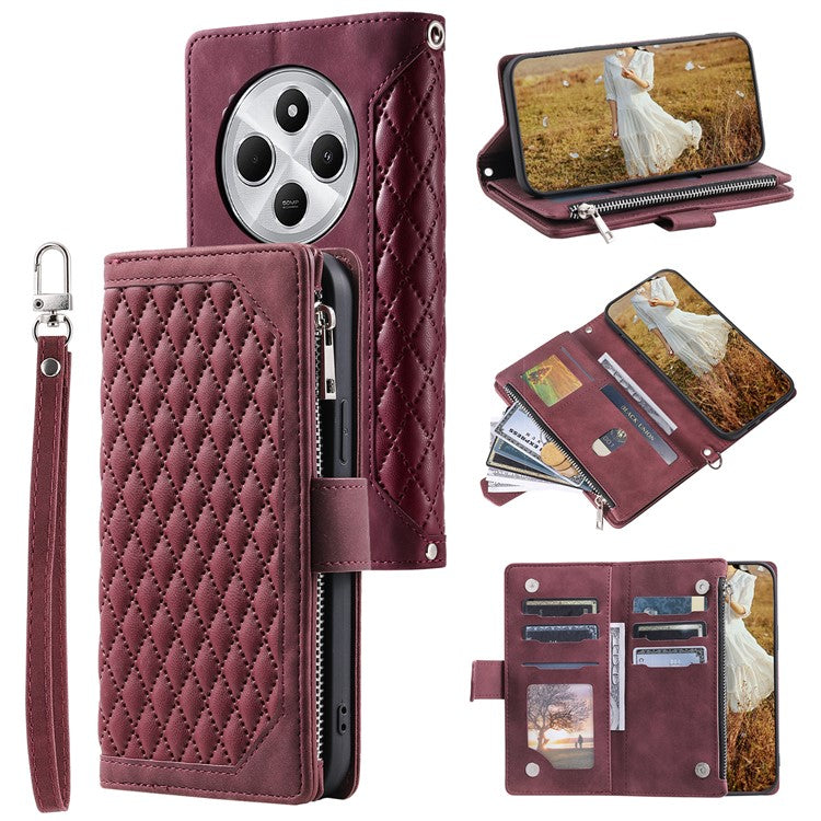 Style 005 For Xiaomi Poco C75 4G / Redmi 14R 5G / 14C 4G Zipper Wallet Case Rhombus Stitching Line PU Leather Phone Cover - Wine Red