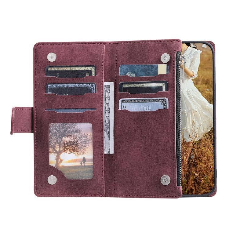 Style 005 For Xiaomi Poco C75 4G / Redmi 14R 5G / 14C 4G Zipper Wallet Case Rhombus Stitching Line PU Leather Phone Cover - Wine Red