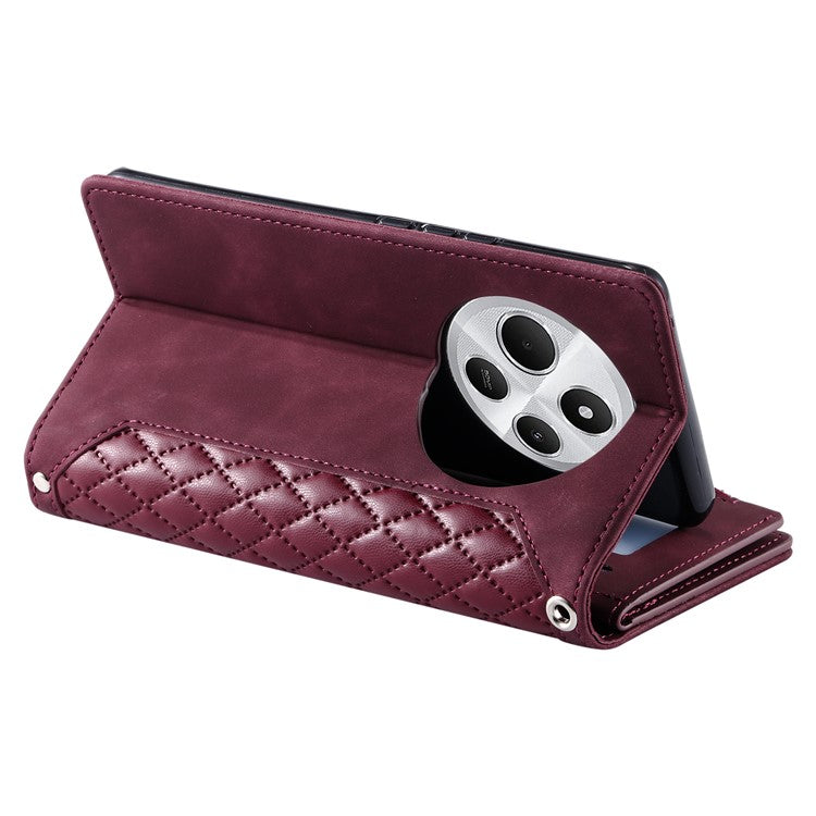 Style 005 For Xiaomi Poco C75 4G / Redmi 14R 5G / 14C 4G Zipper Wallet Case Rhombus Stitching Line PU Leather Phone Cover - Wine Red