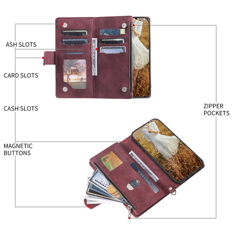 Style 005 For Xiaomi Poco C75 4G / Redmi 14R 5G / 14C 4G Zipper Wallet Case Rhombus Stitching Line PU Leather Phone Cover - Wine Red