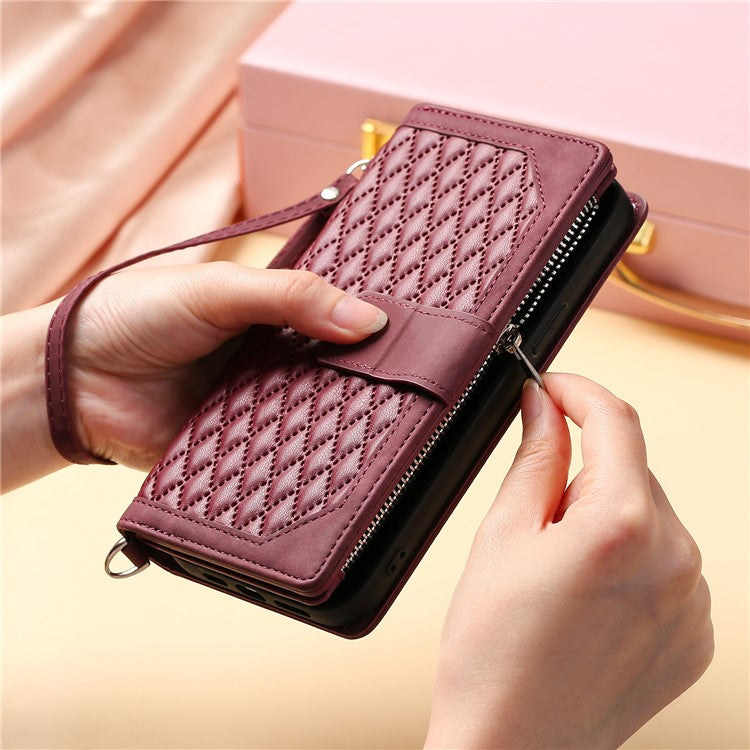 Style 005 For Xiaomi Poco C75 4G / Redmi 14R 5G / 14C 4G Zipper Wallet Case Rhombus Stitching Line PU Leather Phone Cover - Wine Red