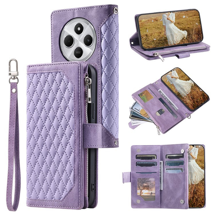 Style 005 For Xiaomi Poco C75 4G / Redmi 14R 5G / 14C 4G Zipper Wallet Case Rhombus Stitching Line PU Leather Phone Cover - Purple