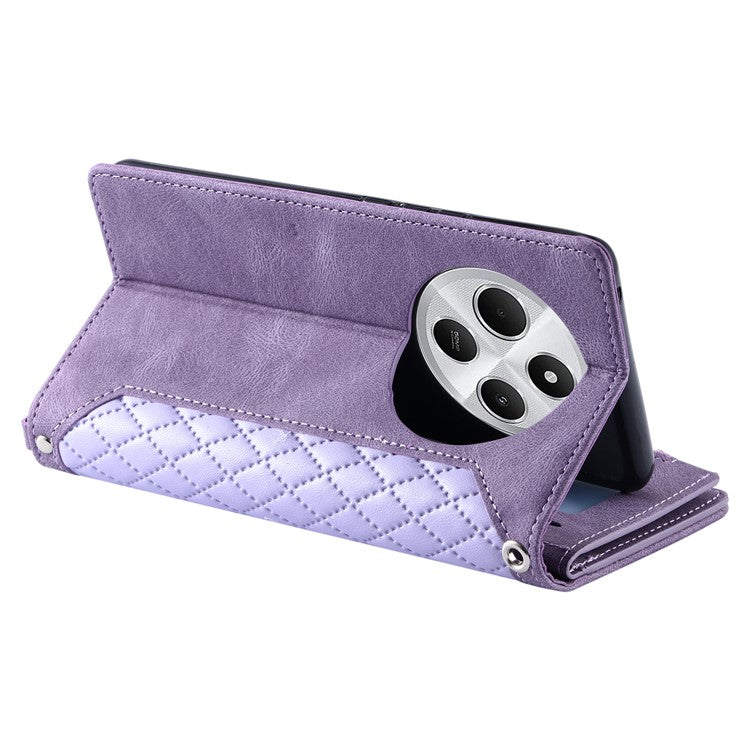 Style 005 For Xiaomi Poco C75 4G / Redmi 14R 5G / 14C 4G Zipper Wallet Case Rhombus Stitching Line PU Leather Phone Cover - Purple