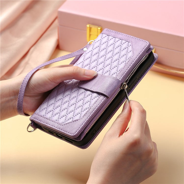 Style 005 For Xiaomi Poco C75 4G / Redmi 14R 5G / 14C 4G Zipper Wallet Case Rhombus Stitching Line PU Leather Phone Cover - Purple