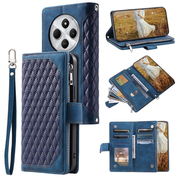 Style 005 For Xiaomi Poco C75 4G / Redmi 14R 5G / 14C 4G Zipper Wallet Case Rhombus Stitching Line PU Leather Phone Cover - Blue