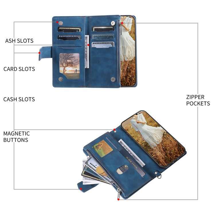 Style 005 For Xiaomi Poco C75 4G / Redmi 14R 5G / 14C 4G Zipper Wallet Case Rhombus Stitching Line PU Leather Phone Cover - Blue