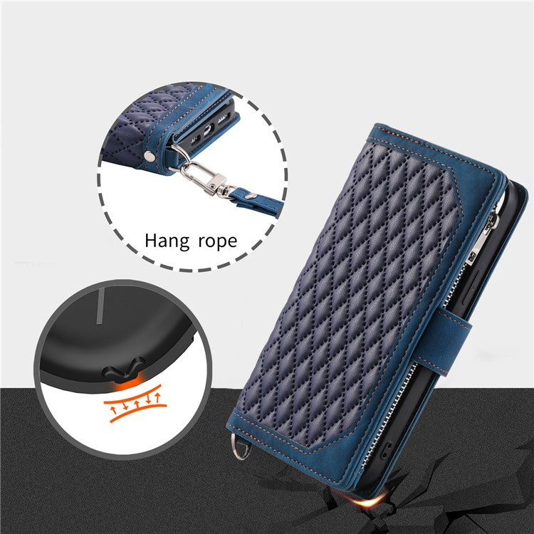 Style 005 For Xiaomi Poco C75 4G / Redmi 14R 5G / 14C 4G Zipper Wallet Case Rhombus Stitching Line PU Leather Phone Cover - Blue