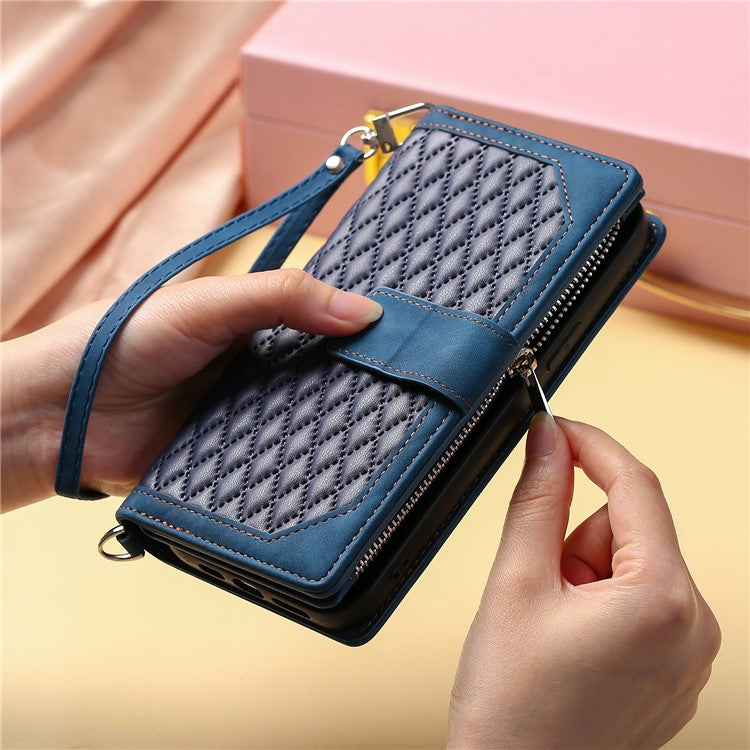 Style 005 For Xiaomi Poco C75 4G / Redmi 14R 5G / 14C 4G Zipper Wallet Case Rhombus Stitching Line PU Leather Phone Cover - Blue