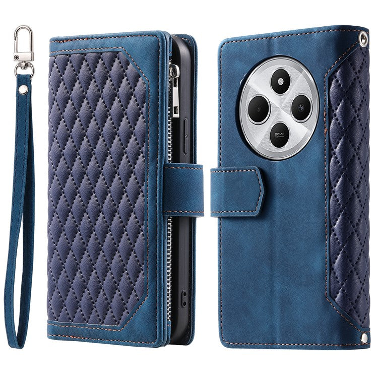 Style 005 For Xiaomi Poco C75 4G / Redmi 14R 5G / 14C 4G Zipper Wallet Case Rhombus Stitching Line PU Leather Phone Cover - Blue