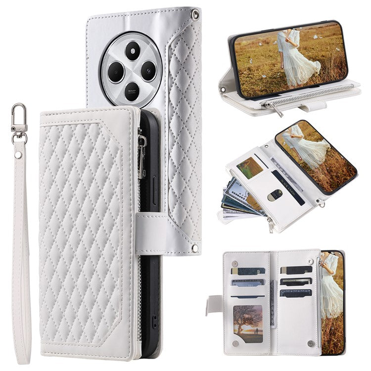 Style 005 For Xiaomi Poco C75 4G / Redmi 14R 5G / 14C 4G Zipper Wallet Case Rhombus Stitching Line PU Leather Phone Cover - White