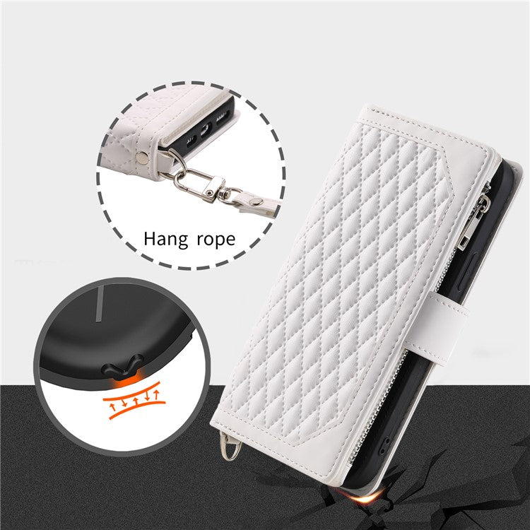 Style 005 For Xiaomi Poco C75 4G / Redmi 14R 5G / 14C 4G Zipper Wallet Case Rhombus Stitching Line PU Leather Phone Cover - White