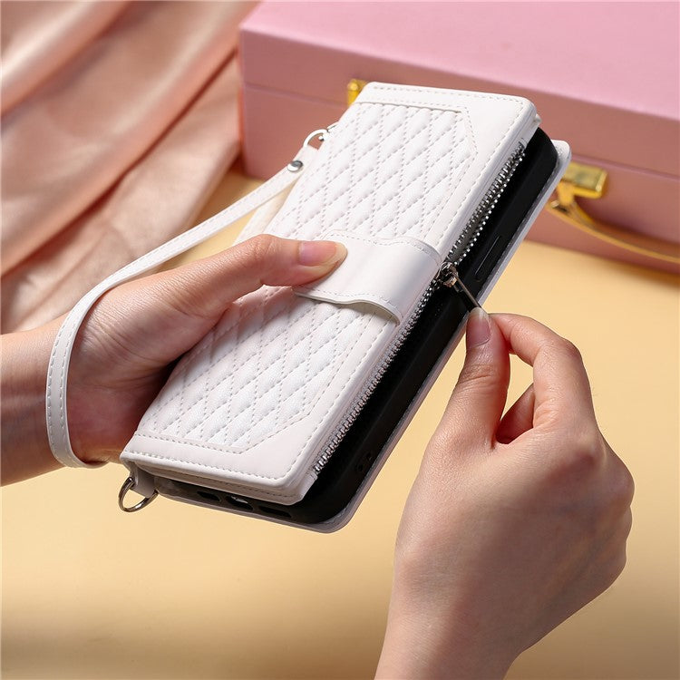 Style 005 For Xiaomi Poco C75 4G / Redmi 14R 5G / 14C 4G Zipper Wallet Case Rhombus Stitching Line PU Leather Phone Cover - White