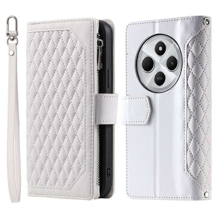 Style 005 For Xiaomi Poco C75 4G / Redmi 14R 5G / 14C 4G Zipper Wallet Case Rhombus Stitching Line PU Leather Phone Cover - White