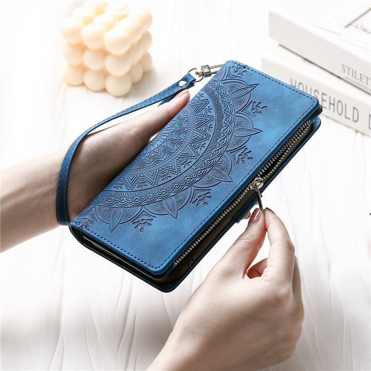 Style 006 For Xiaomi Poco C75 4G / Redmi 14R 5G / 14C 4G Case Mandala Flower Pattern PU Leather Zipper Wallet Phone Cover - Blue