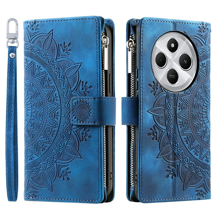 Style 006 For Xiaomi Poco C75 4G / Redmi 14R 5G / 14C 4G Case Mandala Flower Pattern PU Leather Zipper Wallet Phone Cover - Blue