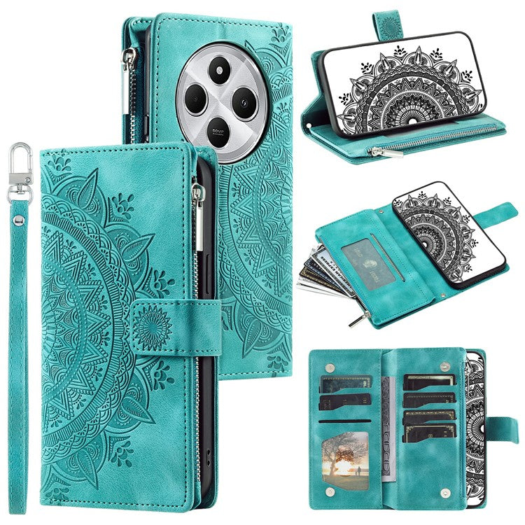 Style 006 For Xiaomi Poco C75 4G / Redmi 14R 5G / 14C 4G Case Mandala Flower Pattern PU Leather Zipper Wallet Phone Cover - Mint Green