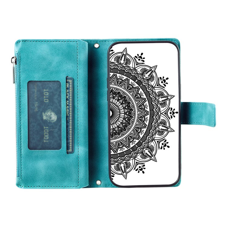 Style 006 For Xiaomi Poco C75 4G / Redmi 14R 5G / 14C 4G Case Mandala Flower Pattern PU Leather Zipper Wallet Phone Cover - Mint Green