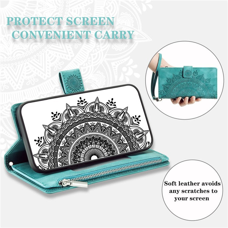 Style 006 For Xiaomi Poco C75 4G / Redmi 14R 5G / 14C 4G Case Mandala Flower Pattern PU Leather Zipper Wallet Phone Cover - Mint Green