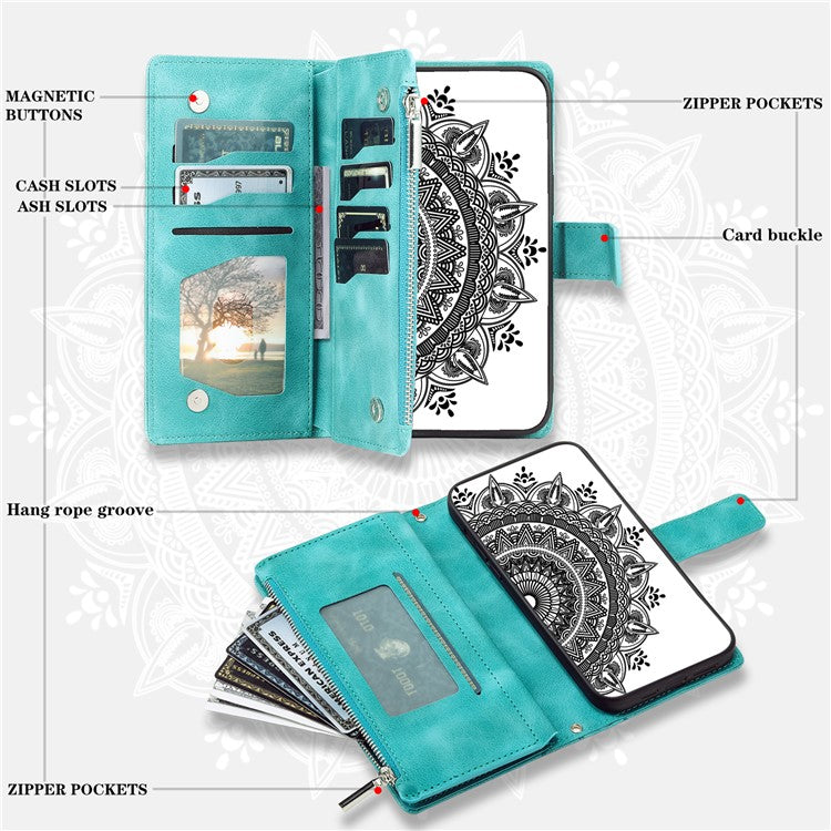 Style 006 For Xiaomi Poco C75 4G / Redmi 14R 5G / 14C 4G Case Mandala Flower Pattern PU Leather Zipper Wallet Phone Cover - Mint Green