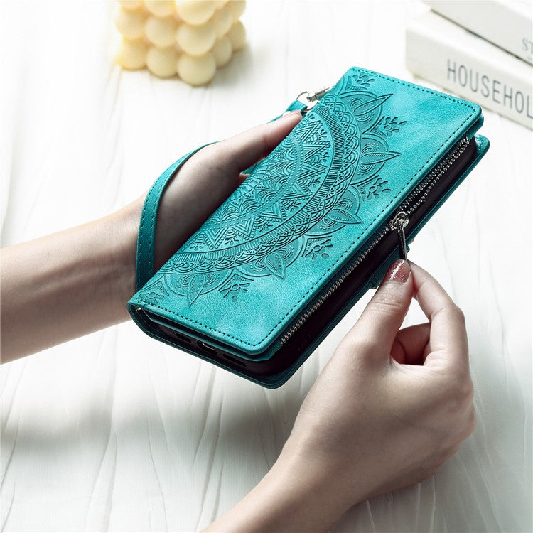 Style 006 For Xiaomi Poco C75 4G / Redmi 14R 5G / 14C 4G Case Mandala Flower Pattern PU Leather Zipper Wallet Phone Cover - Mint Green