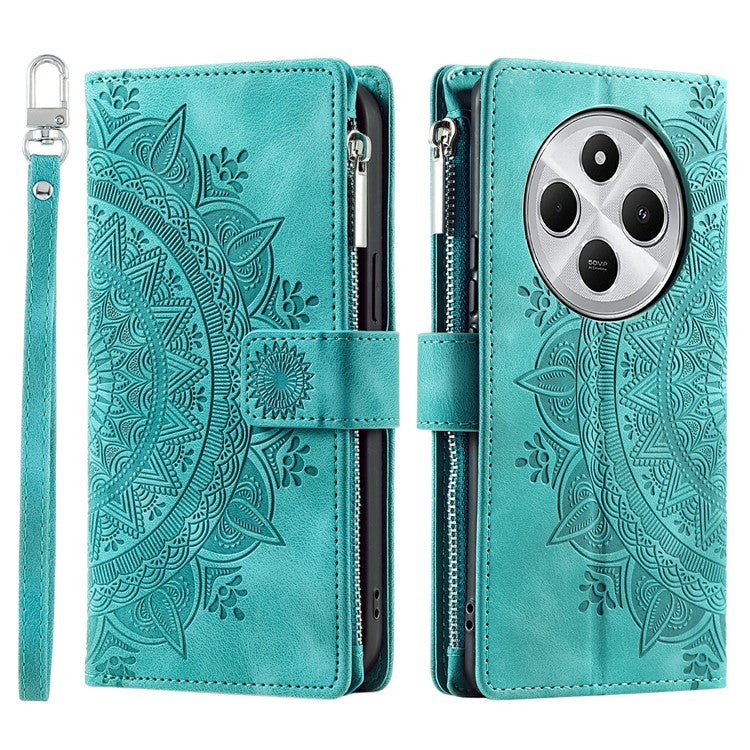 Style 006 For Xiaomi Poco C75 4G / Redmi 14R 5G / 14C 4G Case Mandala Flower Pattern PU Leather Zipper Wallet Phone Cover - Mint Green