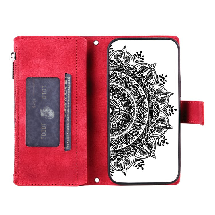 Style 006 For Xiaomi Poco C75 4G / Redmi 14R 5G / 14C 4G Case Mandala Flower Pattern PU Leather Zipper Wallet Phone Cover - Red