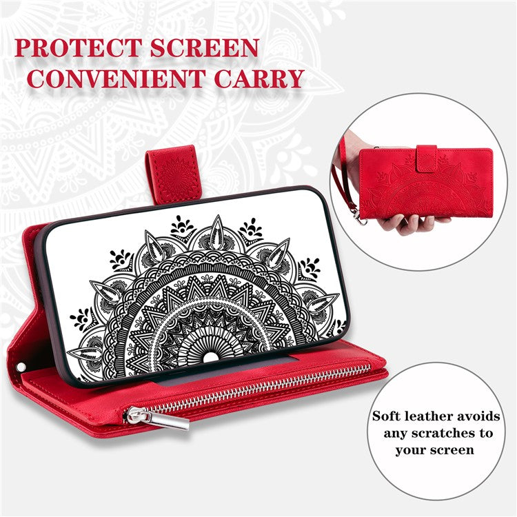 Style 006 For Xiaomi Poco C75 4G / Redmi 14R 5G / 14C 4G Case Mandala Flower Pattern PU Leather Zipper Wallet Phone Cover - Red