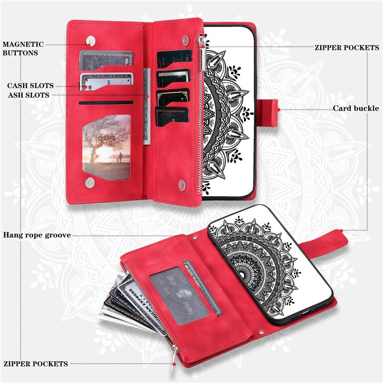 Style 006 For Xiaomi Poco C75 4G / Redmi 14R 5G / 14C 4G Case Mandala Flower Pattern PU Leather Zipper Wallet Phone Cover - Red