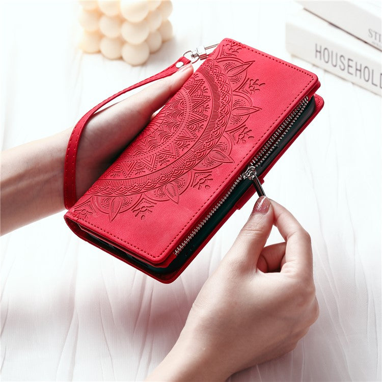 Style 006 For Xiaomi Poco C75 4G / Redmi 14R 5G / 14C 4G Case Mandala Flower Pattern PU Leather Zipper Wallet Phone Cover - Red