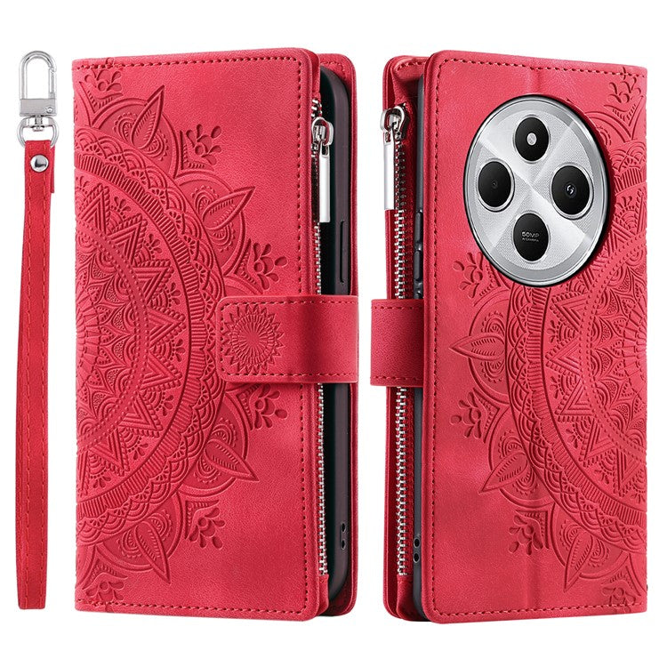 Style 006 For Xiaomi Poco C75 4G / Redmi 14R 5G / 14C 4G Case Mandala Flower Pattern PU Leather Zipper Wallet Phone Cover - Red