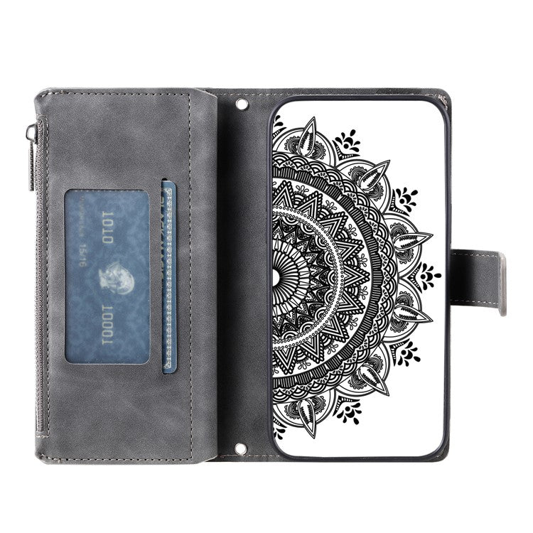 Style 006 For Xiaomi Poco C75 4G / Redmi 14R 5G / 14C 4G Case Mandala Flower Pattern PU Leather Zipper Wallet Phone Cover - Grey