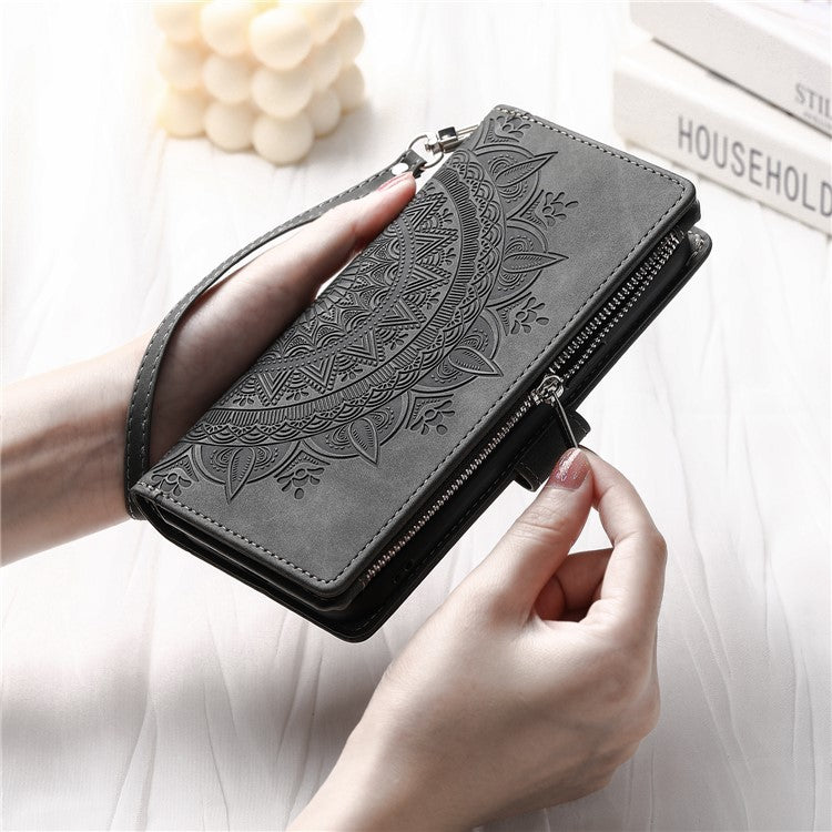 Style 006 For Xiaomi Poco C75 4G / Redmi 14R 5G / 14C 4G Case Mandala Flower Pattern PU Leather Zipper Wallet Phone Cover - Grey